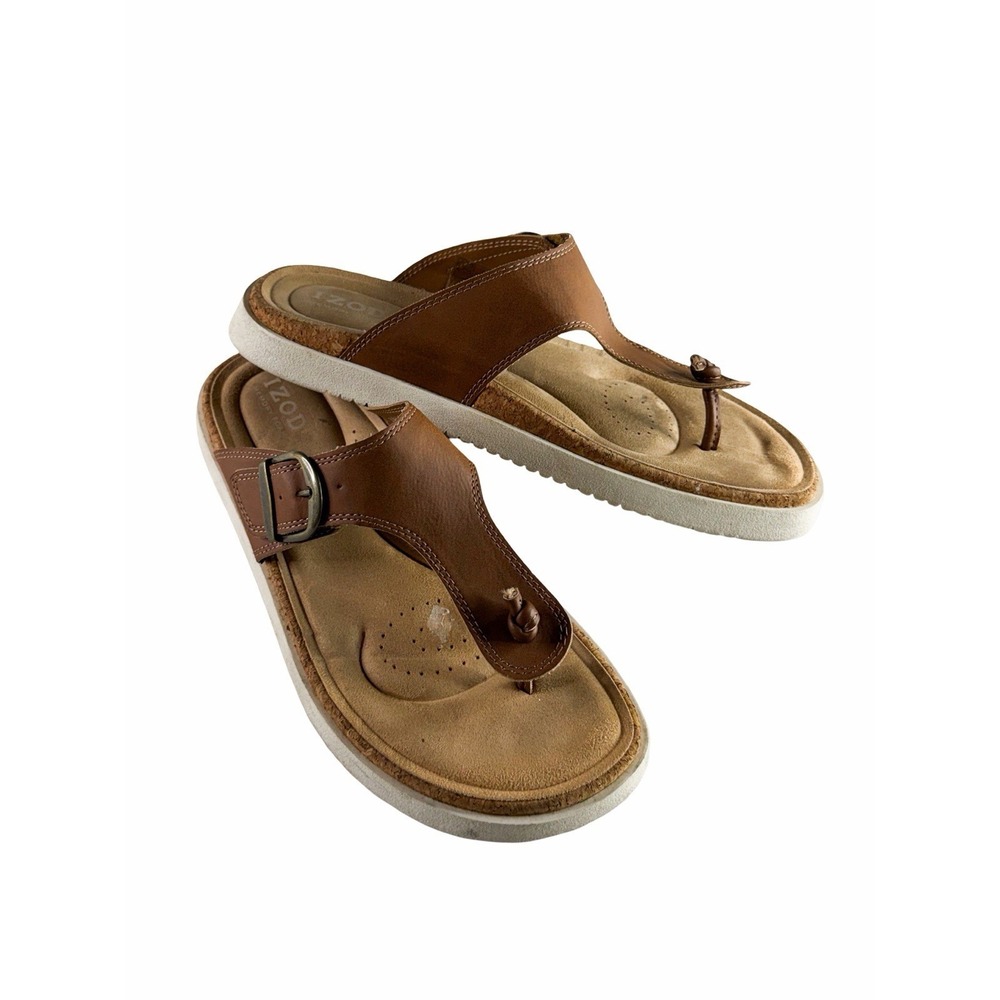 IZOD Memory Foam Brown Leather Thong Sandals Womens Size 9M Comfort Casual Cozy